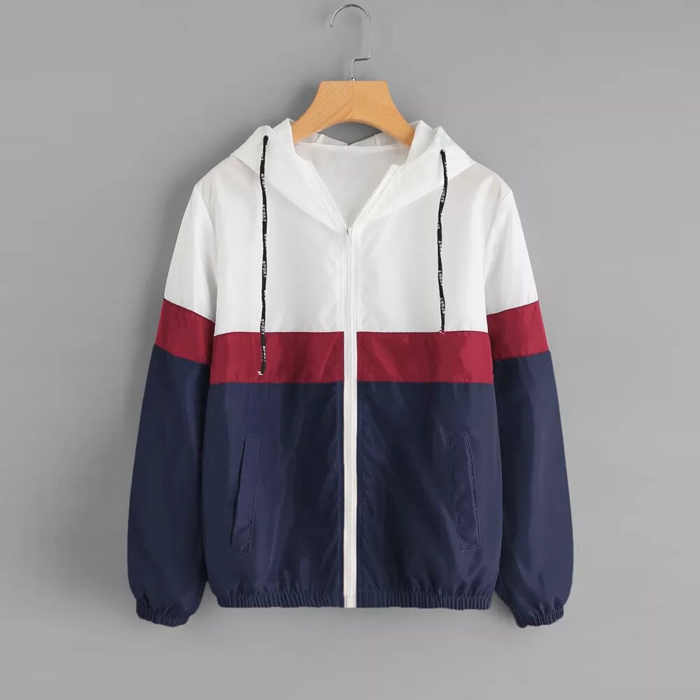 Jaycosin Vrouwen Jas Lange Mouw Patchwork Dunne Skinsuits Capuchon Rits Sport Jas Stiksels Contrast Hooded Dunne Jas: Marineblauw / M