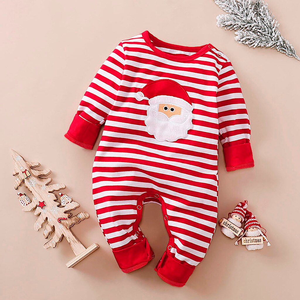 Infantil do bebê macacão menino menina roupas de manga longa natal santa listrado impressão macacão outfits inverno recém-nascido do bebê onesie
