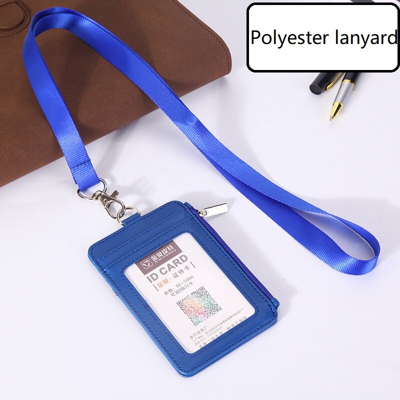 Pu Lederen Id Badge Houder Met Rits Porte Bus Pass Case Cover Slip Mannen Vrouwen Bank Credit Card Houder met Polyester Lanyard: Blue Polyester