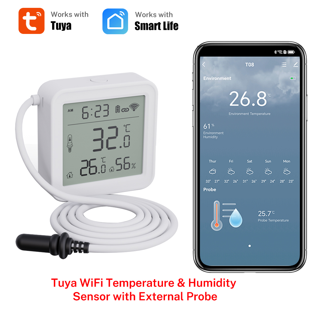 Tuya WiFi Temperature Humidity Sensor With External Probe for Smart Home Hygrometer APP Monitoring For Plants Aquarium Winery