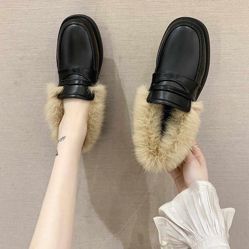 Mocassins fourrure femmes chaussures automne noir chaussures plates talons bas femmes décontracté femme baskets bout rond Style britannique