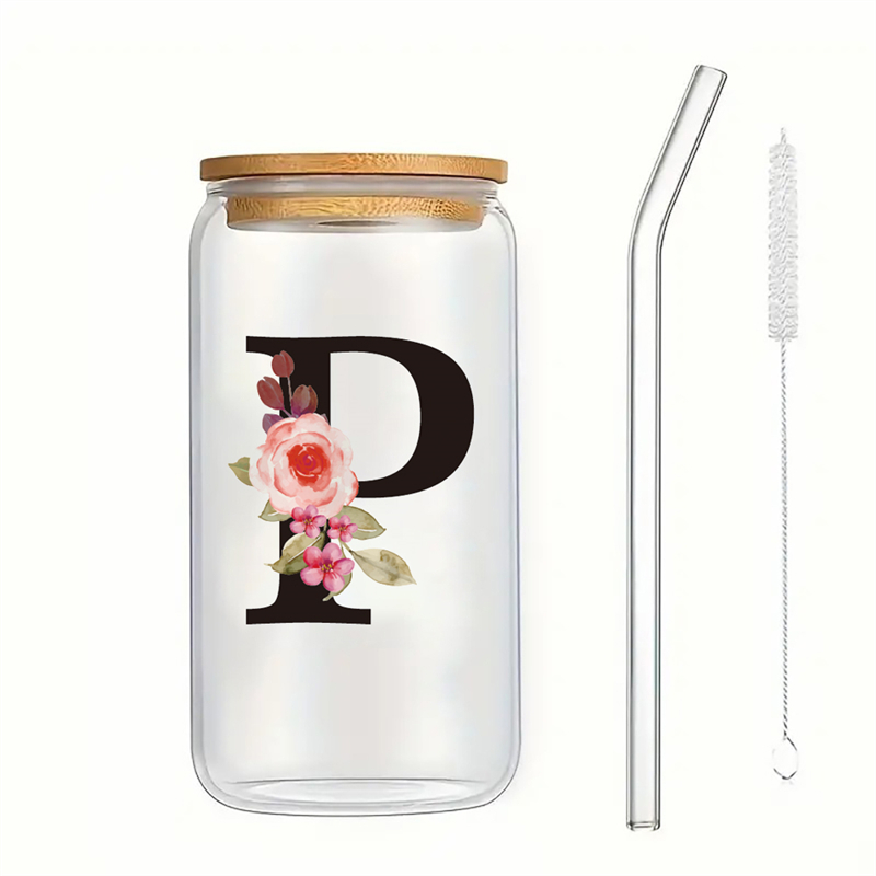 Alphabet Flowers Drinking Glass Letter A-Z Iced Coffee Water Juice Bottle Portable Clear Cup with Lid Straw Brush Birthday