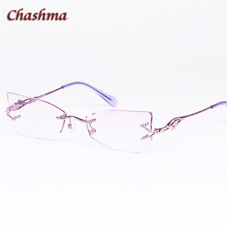Chashma Brand Tint Lenses Sunglasses Titanium Eyewear Female Diamond Crystal Trimmed Glasses Frame Cat Eye Rimless Glasses Woman: Purple 