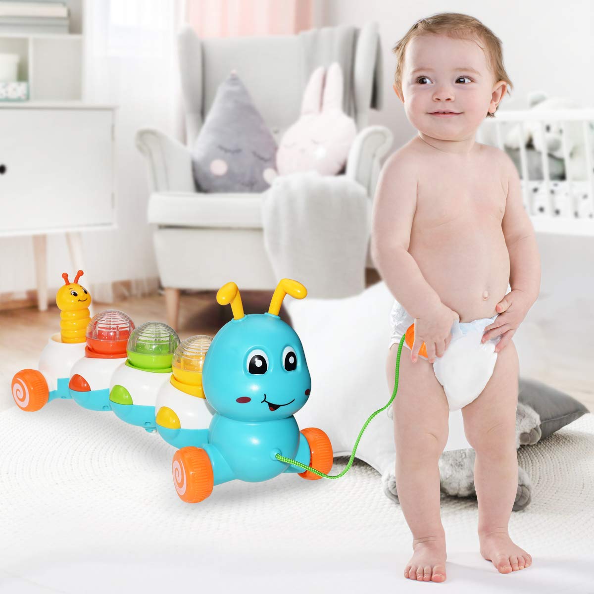 Baby Kleinkinder Spielzeug Musical Pull Entlang Wurm Spielzeug mit Licht und Sound Lernen, zu Gehen Baby Blinkende Spielzeug für Jungen mädchen Geburtstag