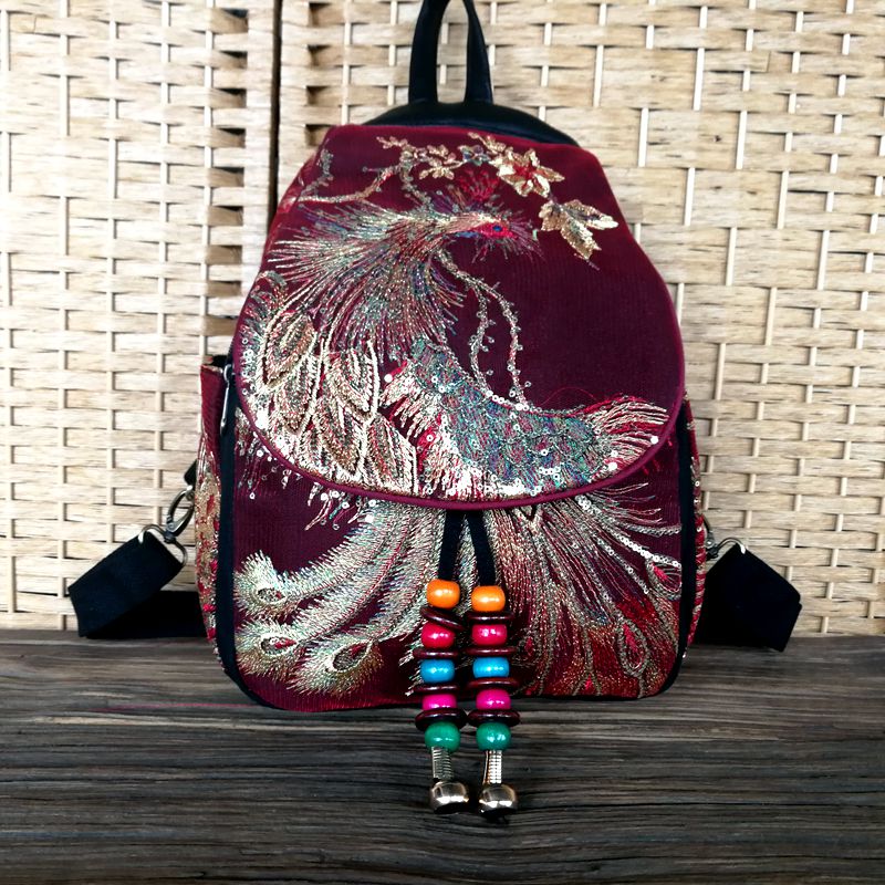 Retro phoenix brodert ryggsekk paljetter lerret tribal etnisk brodert blomster ryggsekk nasjonale kvinner ryggsekk bag