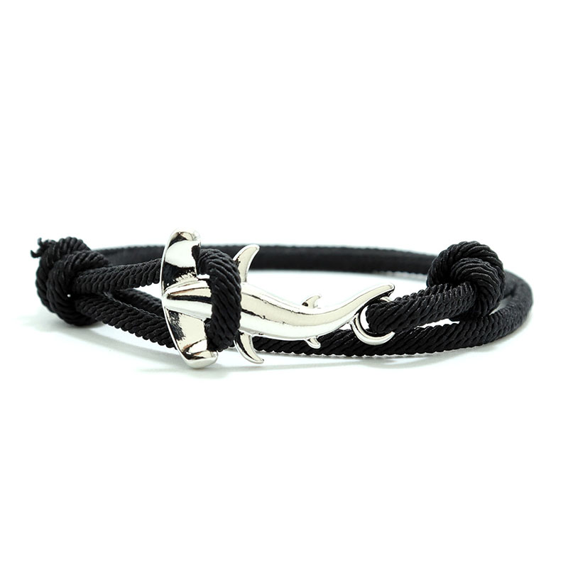 Mężczyźni bransoletka lina podwójna warstwa regulowany urok Braslet lato biżuteria plażowa Shark Braclet czerwony biały ciąg Brazalete Unisex: Black Silver
