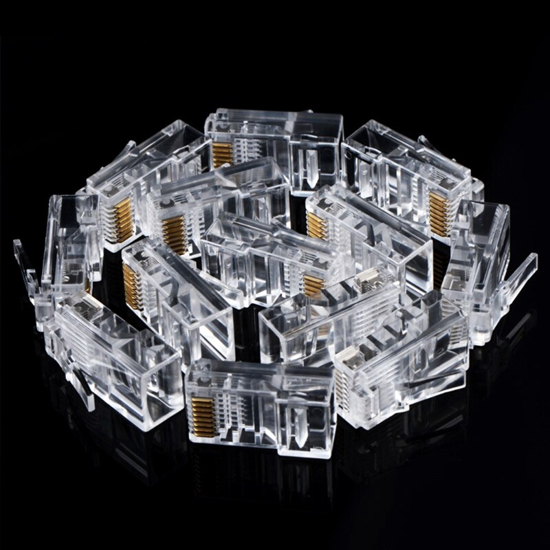 100 stuks/set cat 6 rj45 connector utp kabel ethernet jack transparant web cat 6 modulaire stekkers met 6.5mm rj45 doppen