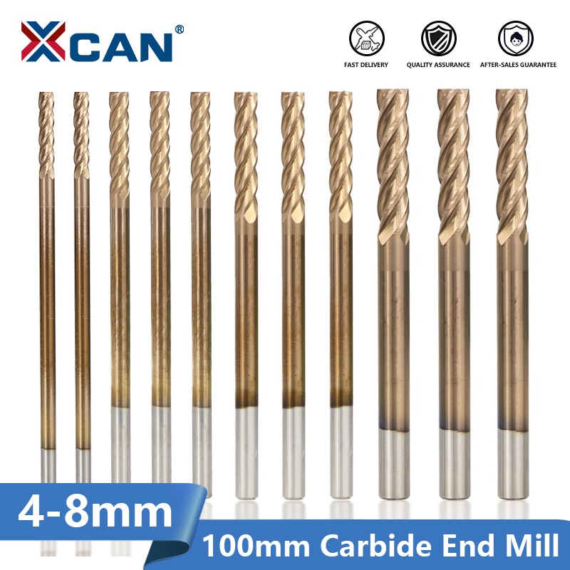 XCAN TiCN Coated End Mill Cutter Long 100mm Carbide Milling Bit 4 Flute CNC Engraving Tools Router Bits 4/5/6/8mm