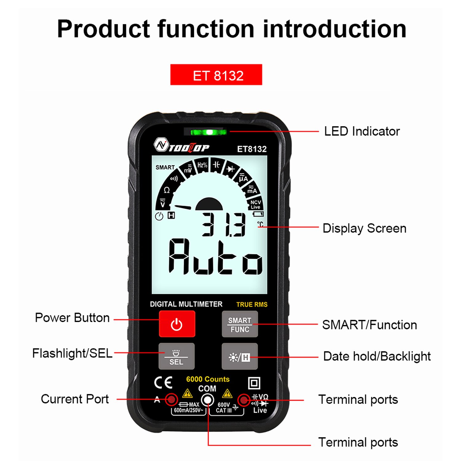 TOOLTOP ET8132 Digital Multimeter AC DC Voltage Current Resistance Frequency Meter Automatic Identification True RMS 6000 Counts