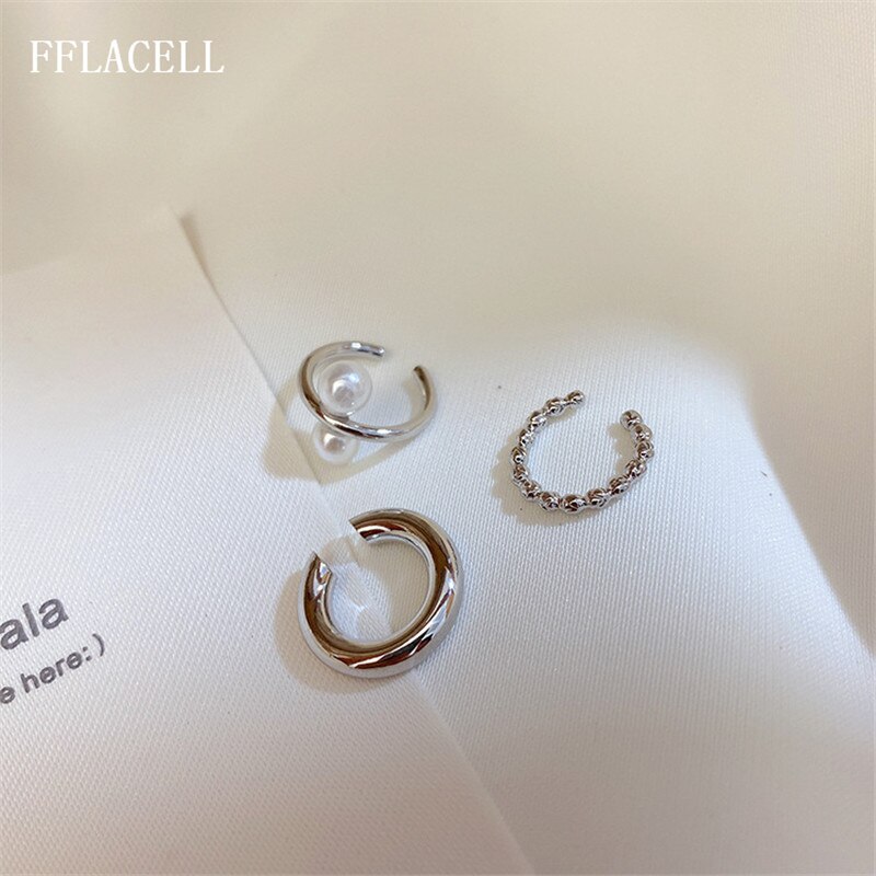 FFLACELL 1set Korea Simple Pearl Ear Cuff Earring Geometric Circle C Shape Metal Ear Bone Clip Earrings For Women Jewelry