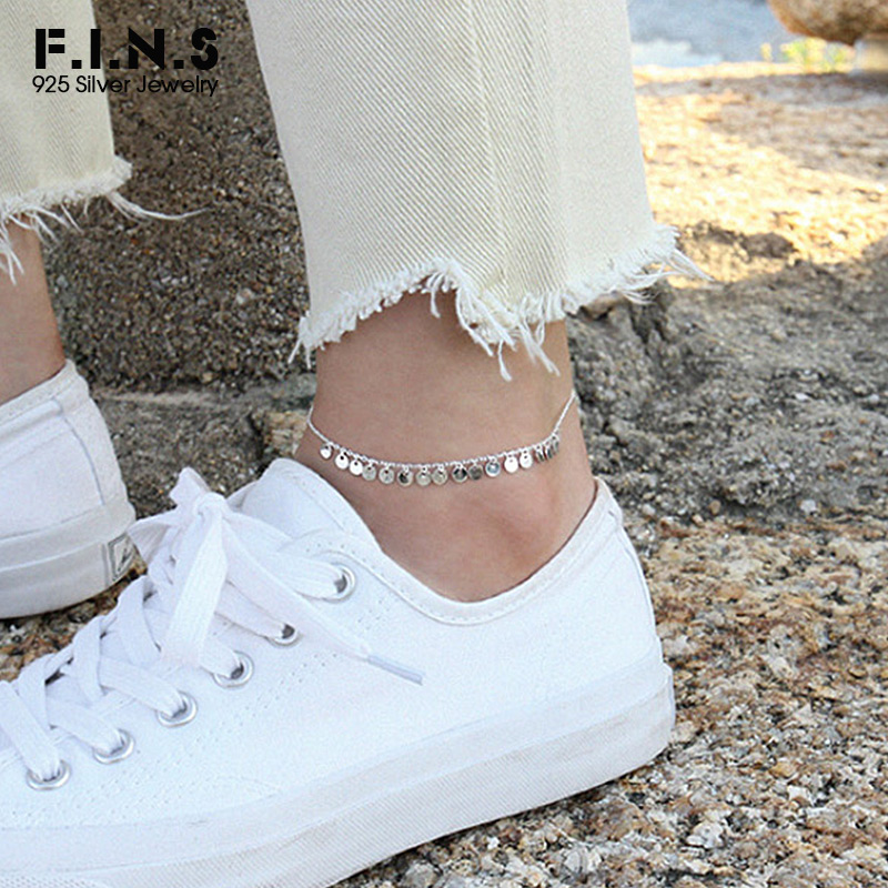 F.I.N.S Bohemia 925 Sterling Silver Round Sheet Anklet Barefoot Sandals Link Chain Anklet Silver 925 Foot Jewelry for Women