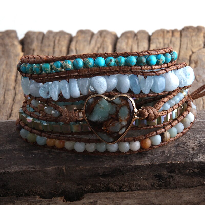 RH Bohemian Jewelry Women Vegan Boho Bracelet Mixed Natural Stones Heart Charm 5 Strands Wrap Bracelets