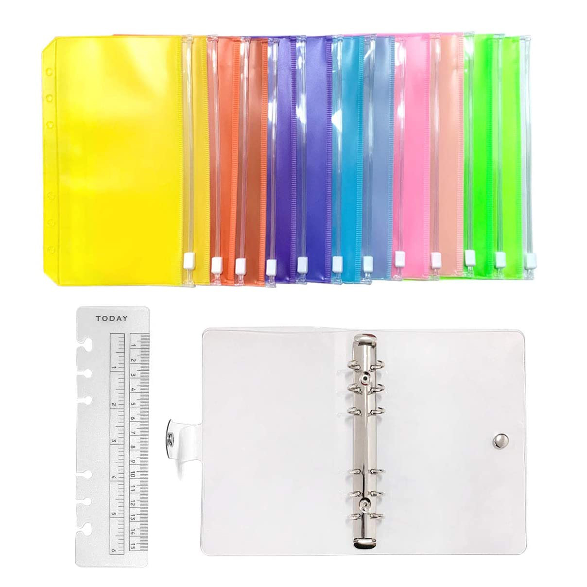 A6 Clear PVC 6 Ring Binder Budget Planner Organizer Notebook Waterproof Folders with 12 Colorful Zipper Binder Pockets,A Ruler