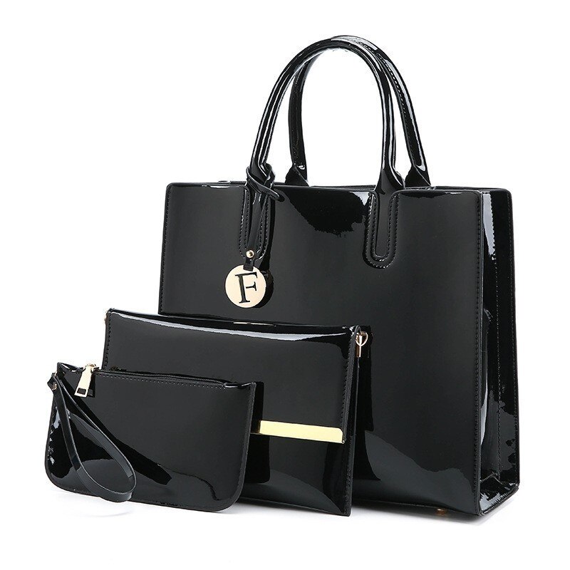 Herald brillant solide en cuir verni femmes sacs dames Simple luxe 3 ensembles sacs à main décontracté femme sacs à bandoulière: Black3