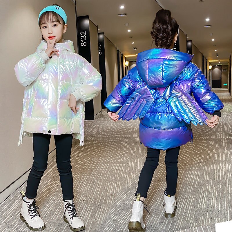 Mode Kinderen Katoenen Jas Voor Meisjes Warme Parka Shinny Terug Hoek Vleugels Dikker Bovenkleding Kids Winter Kleding 4-13Yrs