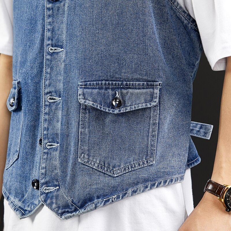 Chaleco vaquero de estilo clásico para hombre, camiseta ajustada sin mangas informal con cuello en V, chaqueta vaquera, abrigo, etiqueta azul, novedad de