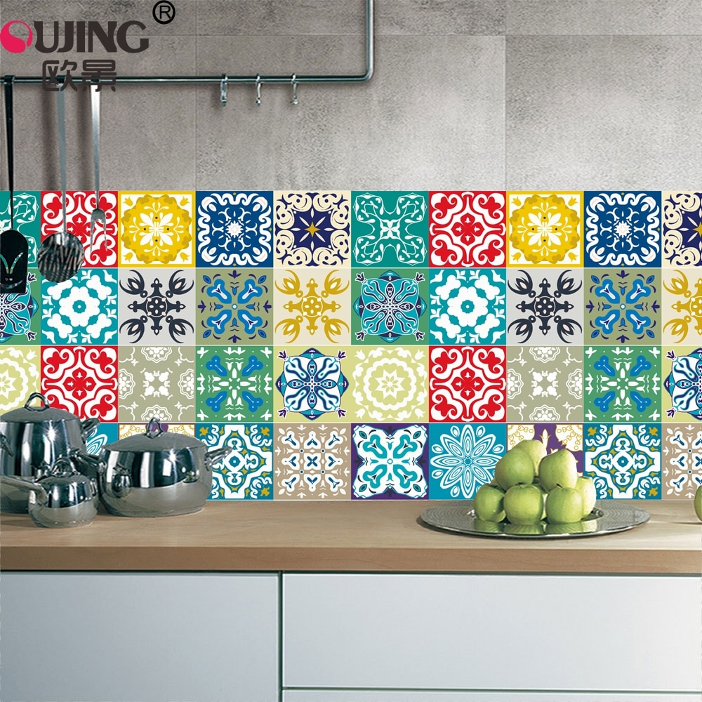 10/15/20cm Colorful Retro Tiles Wall Sticker Kitchen Bathroom Tile Waist Line Wallpaper Waterproof Waist Line Art Mural Poster