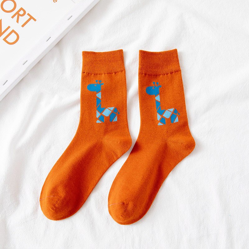 Calcetines largos de algodón con dibujos de animales y jirafa para mujer, para Otoño e Invierno: orange