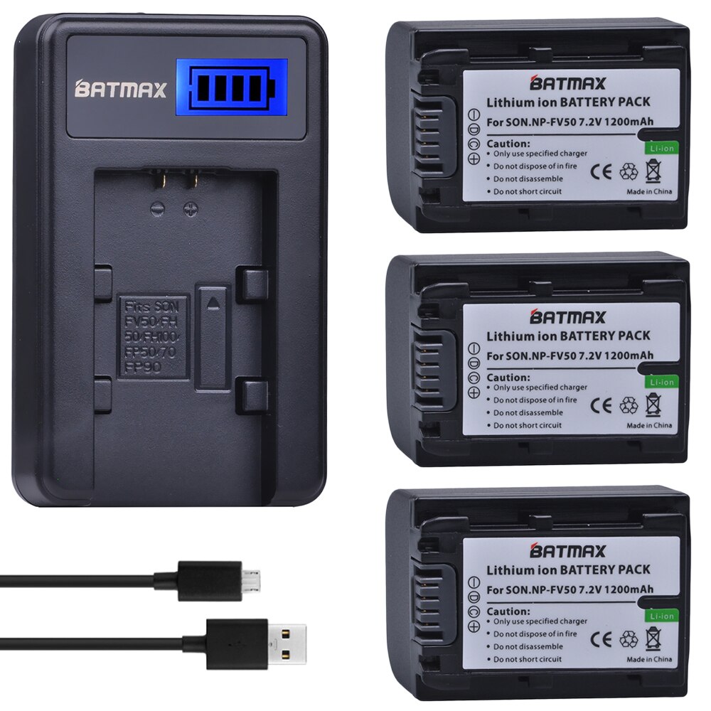 Batmax NP-FV50 NP FV50 batería + cargador USB con LCD para SONY HDR CX390 290E PJ510 820E 790E 660E XR260 CX700E PJ50E 30E SR68: 3B with charger