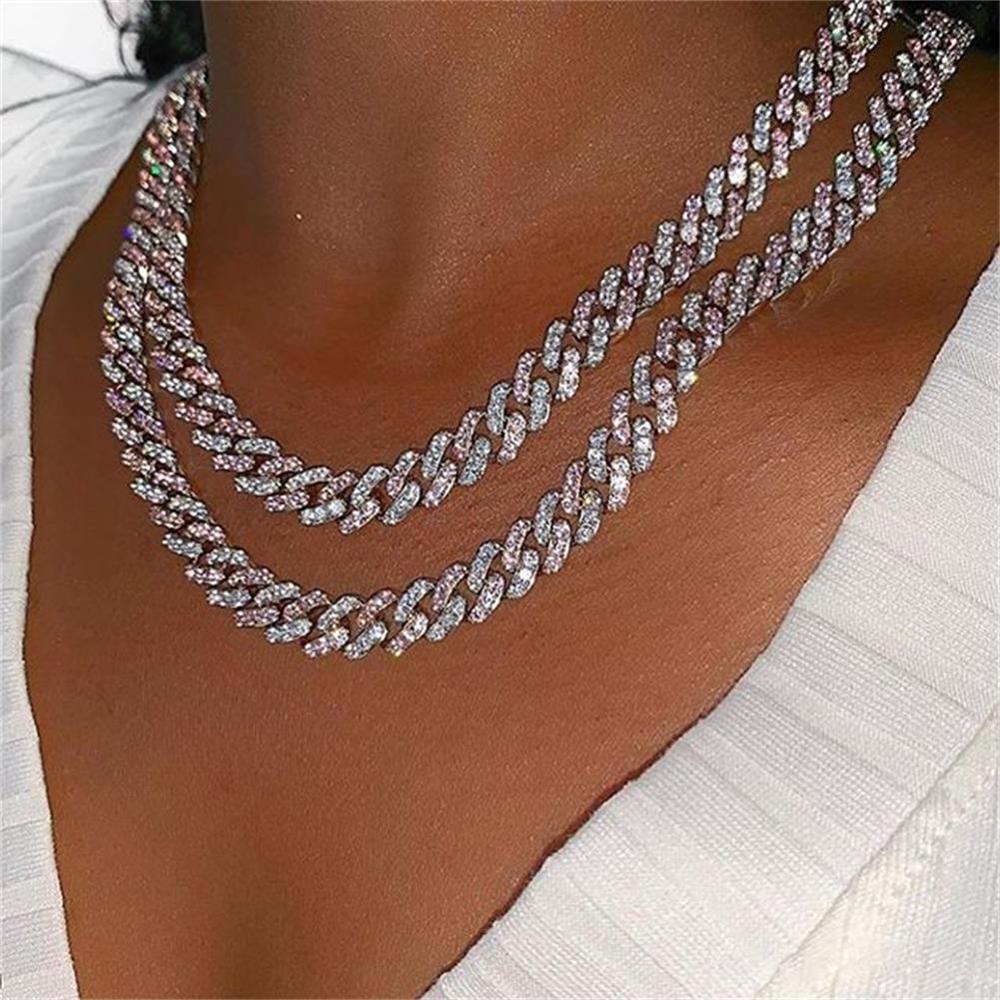 GLAMing Hip Hop Bling Iced Out Necklace Cuban Chain Men Gold Statement Crystal Rhinestone Choker Necklace Women's Jewelry