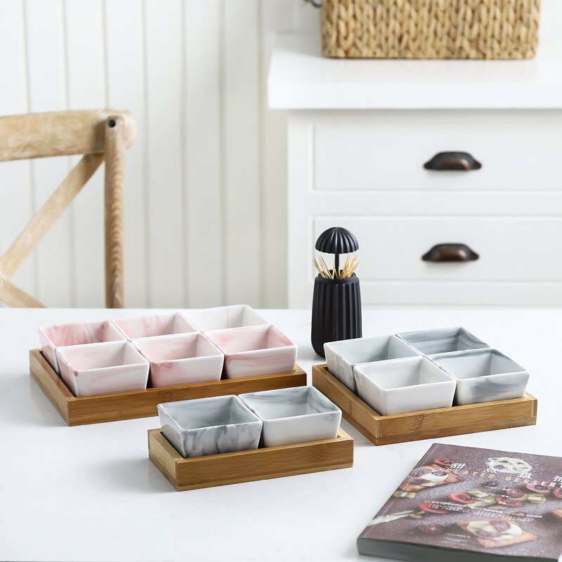 Marmor fruktfat keramik fat tallrik porslin snacks godis nötter desserter eko naturlig serverings bambu bricka set salladsskål