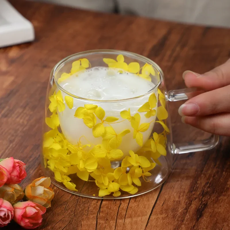 Transparent Glass Heat Insulation 200ML Coffee Cup with Handle Double Wall Dry Flowers Style High Temperature Juice Milk Mug: Yellow