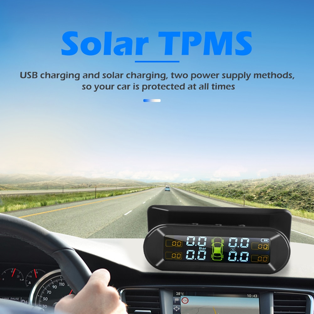 Hoge Auto Tpms Solar Usb Opladen Bandenspanningscontrolesysteem Bandenspanning Monitor Systemen Met 4 Sensoren