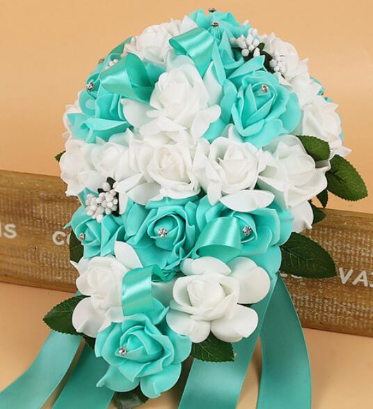 PE Foam Flower Artificial Bridal Bouquets Crystal Bridesmaid Bridal Wedding Bouquets Water Shaped Turquoise Royal Blue 131: Green