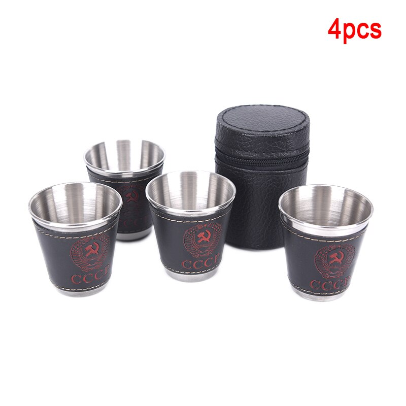 4 Stks/partij 70Ml Outdoor Camping Servies Travel Cups Set Picknick Benodigdheden Rvs Wijn Bier Cup Whiskey Mokken Pu lederen