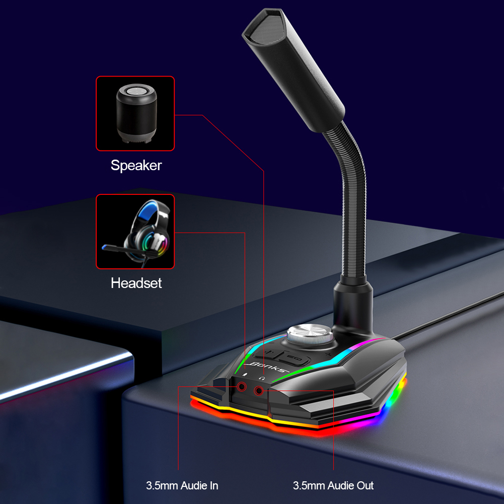 USB Sound Card RGB Microphone Computer Gaming Mic With Speaker Headset Jack Free Drive Noise Reduction 360° Rotate HD Receiver