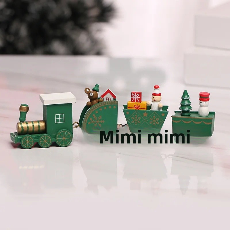 Wooden Christmas Decorations Four Section Train Display Window Tabletop Decoration Children's Cake Decoration Home Use: GRAY