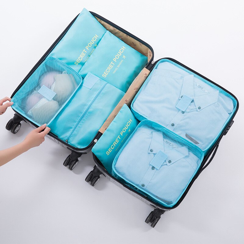 7pcs/set Luggage Organizer Bag Large Waterproof Polyester Packing Cubes Organiser For Clothing Storage Bags Travel Accessories: Sky Blue