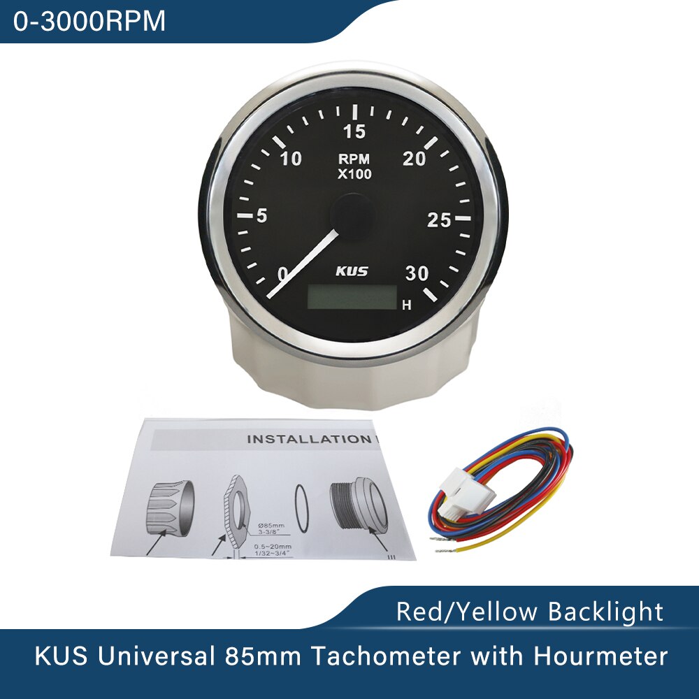 KUS 85mm Tachometer RPM Gauge Meter with Hour Meter 0-3000 RPM 0-4000RPM 0-6000 RPM 0-8000 RPM 12V/24V with Backlight for Car