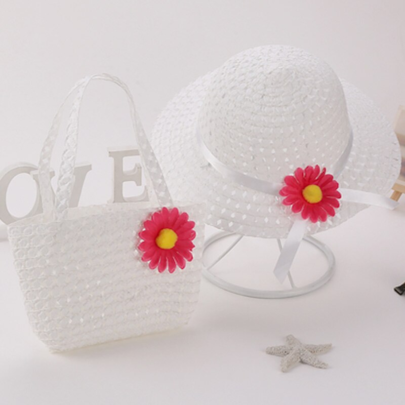 Straw Hat Summer Children Sun Flower Solid Color Lace Sun Hat Kids Sweet Bonnets Girl Beach Travel Hat Cap With Woven Basket: 15 With Basket