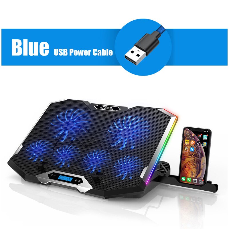 Refrigerador RGB para ordenador portátil, almohadilla de refrigeración para portátil de 12-18 pulgadas, seis ventiladores, pantalla LCD, soporte ajustable para Notebook, dos puertos USB: Azul