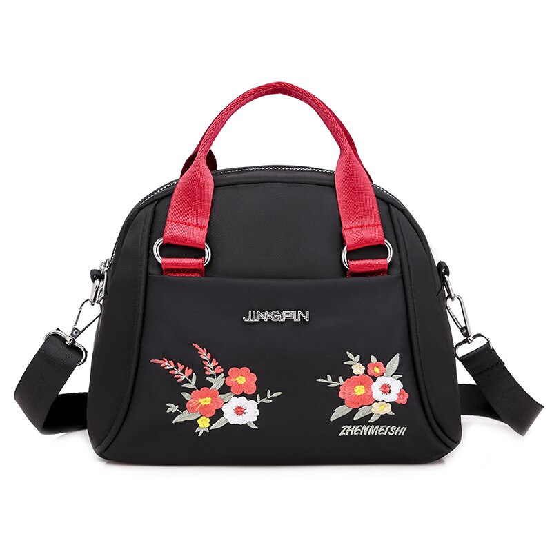 Summer Oxford Crossbody Bags Women Shoulder Bag Floral Embroidery Pattern Zip Wallet Handbag: 1Black