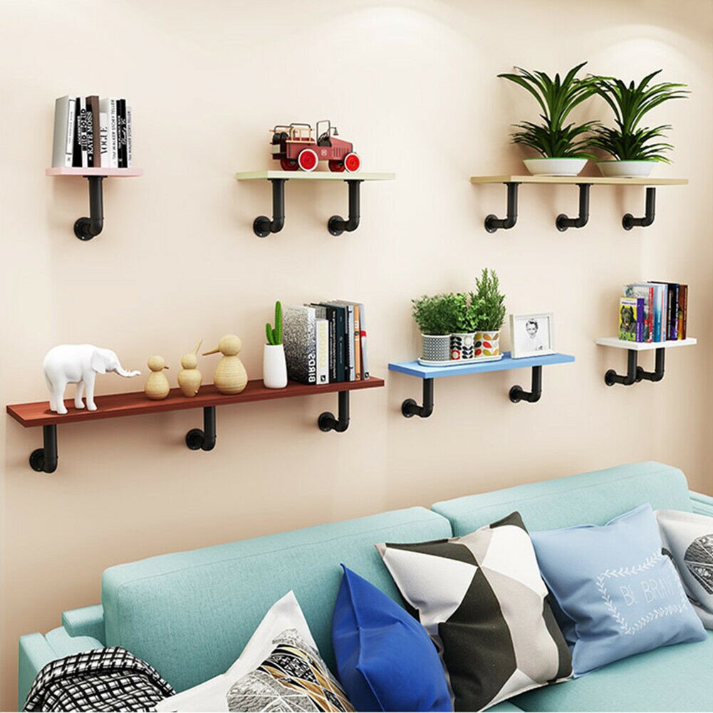 2pcs Industrial Wall Mounted Iron Pipe Shelf Bracket Floating Shelf Holder Black Durable H99F