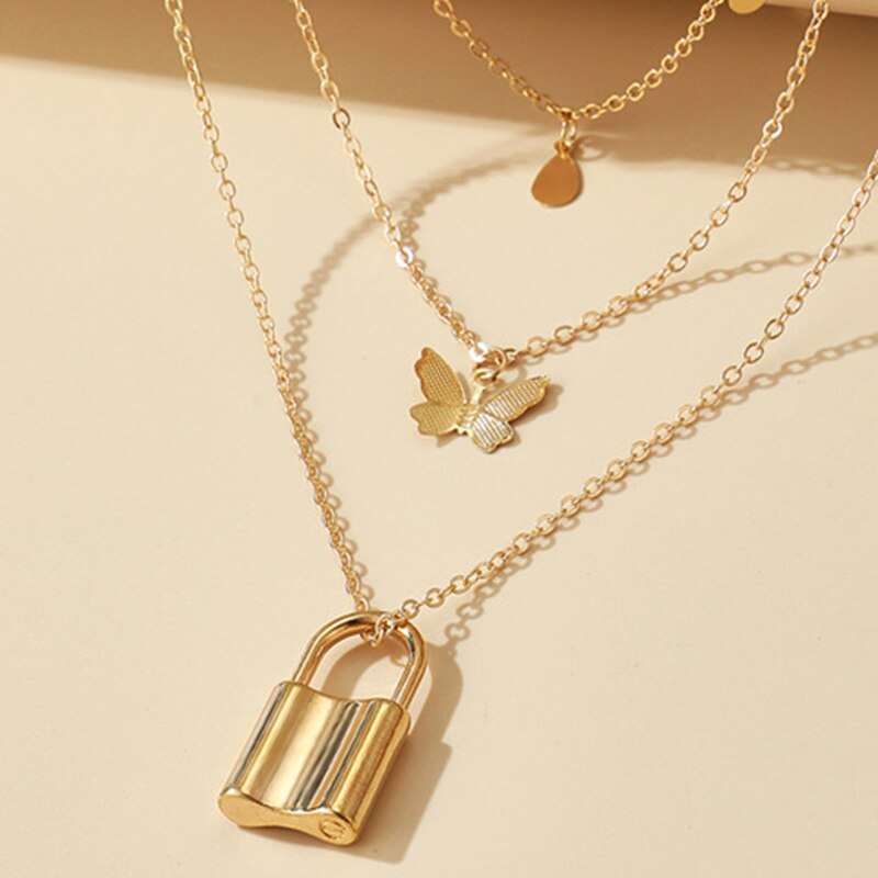 Butterfly Retro Layered Pendant Padlock Necklace Choker Jewelry for Women Girl Party BMF88