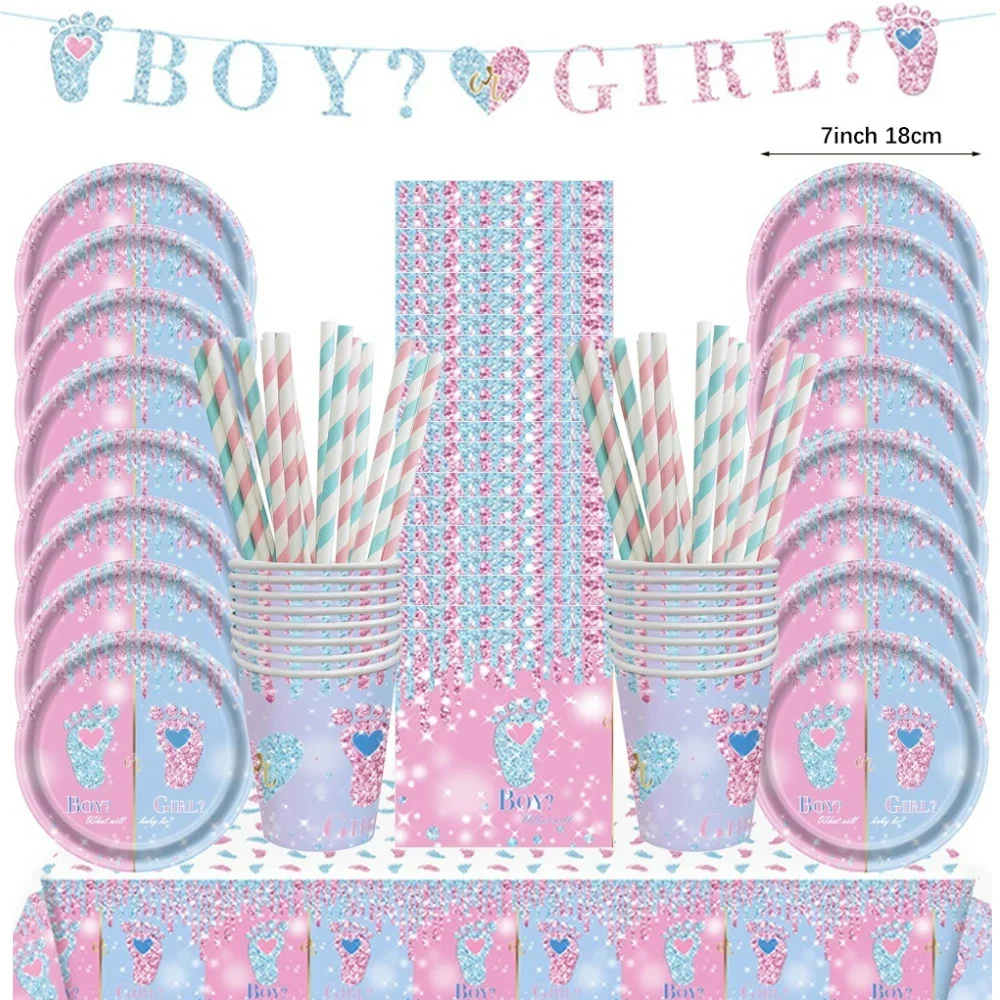 Kønsafsløring engangsservice dreng eller pige babyshower paptallerkener kopper dug servietter fødselsdagsfestpynt