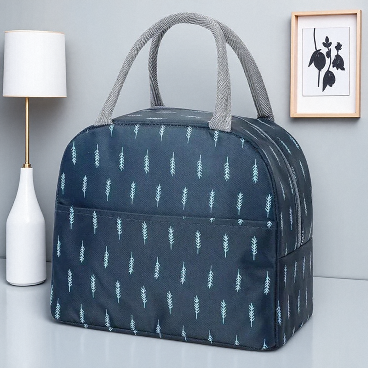 Functional Pattern Cooler Lunch Box Portable Insulated Canvas Lunch Bag Thermal Food Picnic Bag for Women Kids: Blue