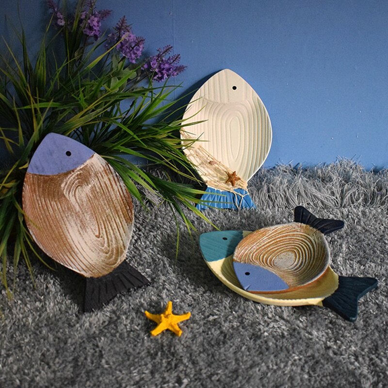 Placa de madera en forma de pez, decoración de pared, colgante de estilo mediterráneo, hecha a mano escultura de madera, artesanía