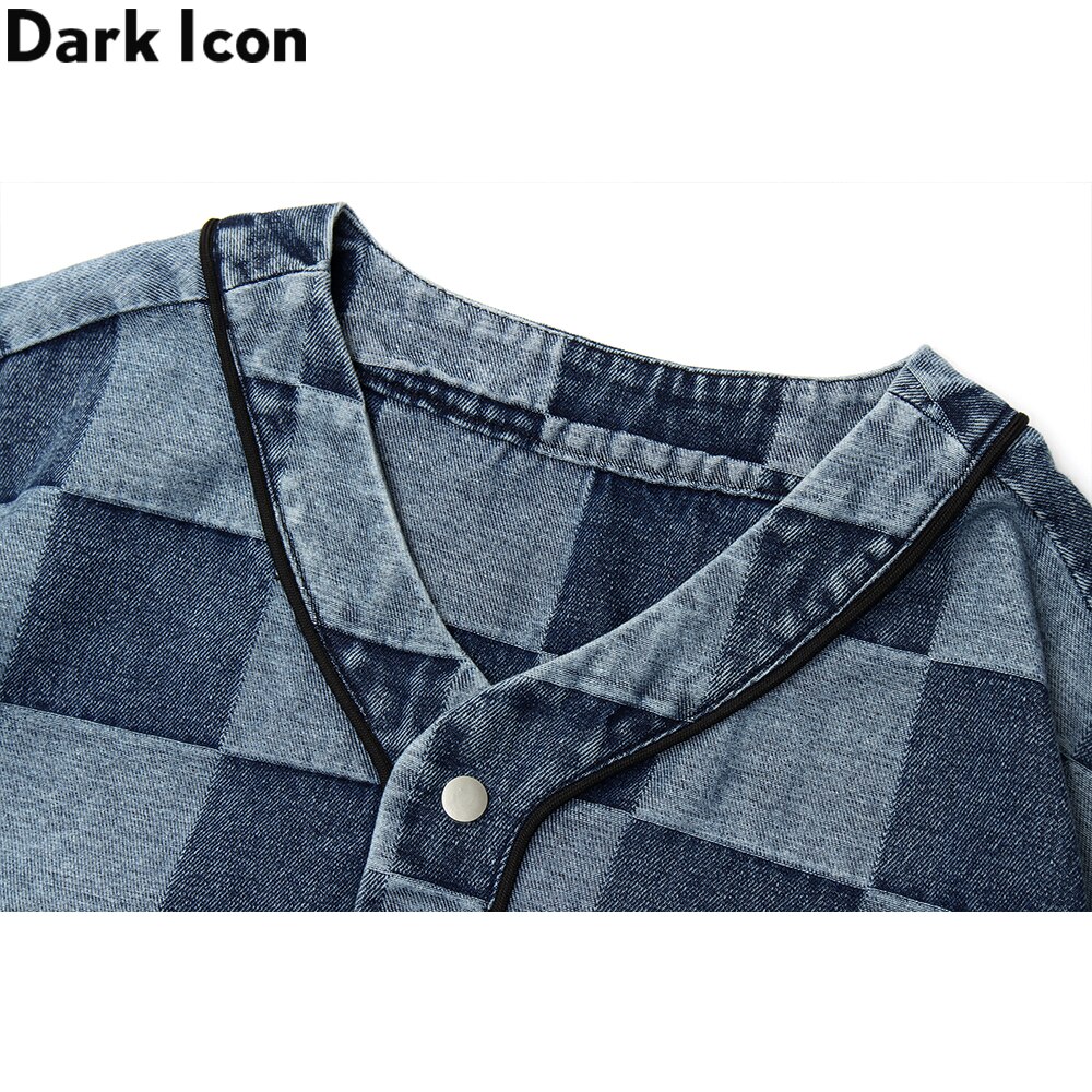 Dark Icon Plaid Denim Baseball Shirt Letters Printed Hip Hop Shirts Men Streetwear Outerwear Men's Shirt Short Sleeve