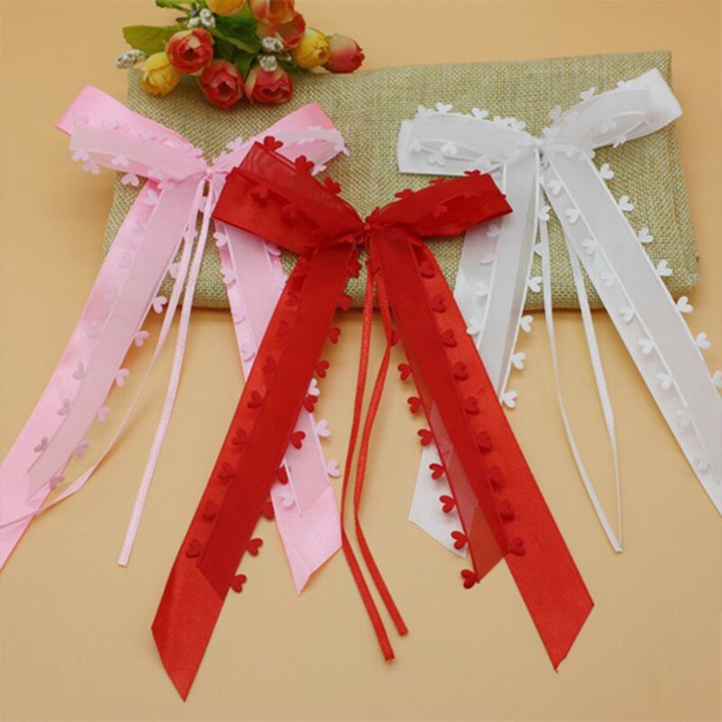 Nœuds d&#39;antenne blancs avec pompon, décoration de voiture, nœuds de mariage en Satin M6CD faits à la main