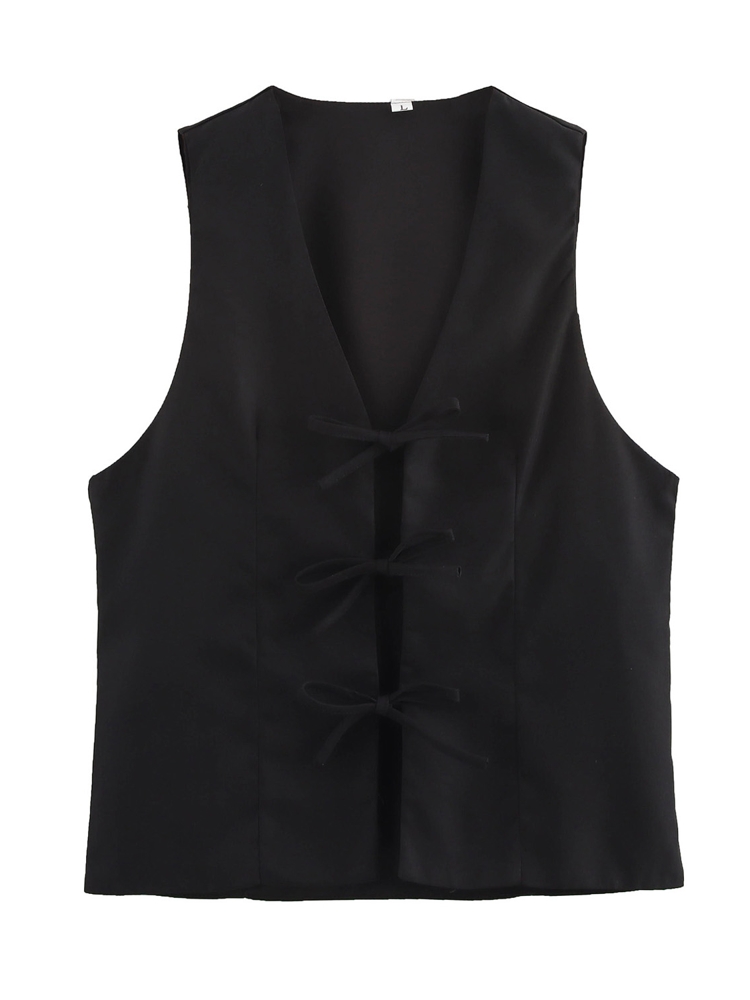 Xnwmnz forårs- og dame-sofistikeret vest klassisk efterårs- og dame-ærmeløs top med flæser, normal pasform, v-kravevest: S / Sort
