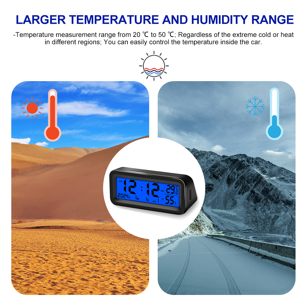 Digitale zonne-auto klok Datum Week Temperatuur Vochtigheid LCD-achtergrondverlichting Display voor dashboard Autoklok Auto's Intern Stick-On