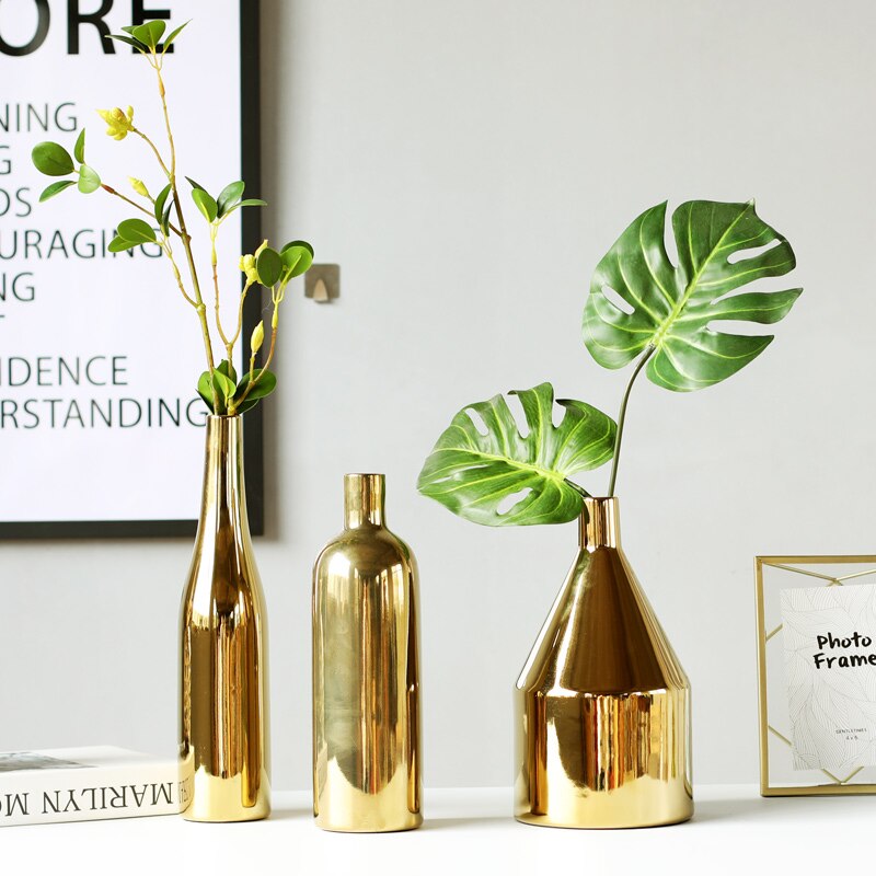 1pc Modern Golden Vase Ceramic Flower Vase Gold Metallic Vase Water Planting Container Desktop Decorative Vase