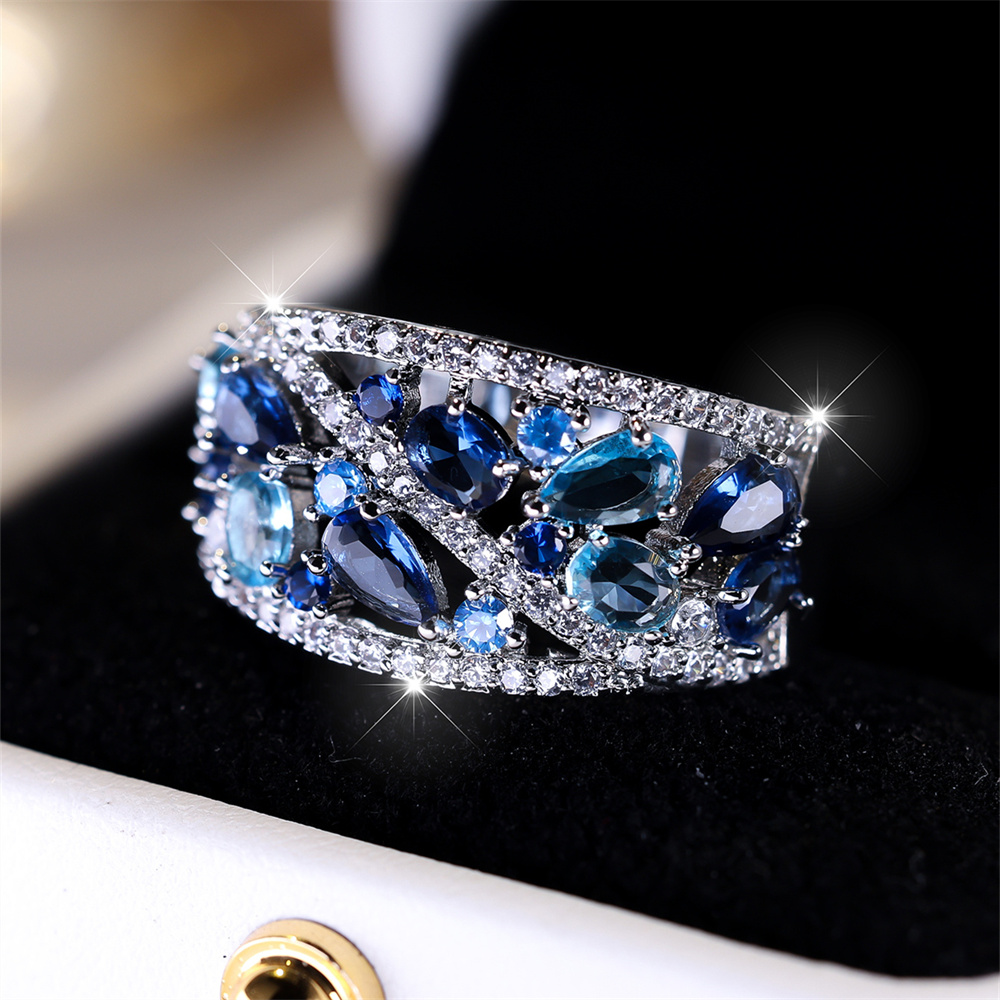 Anillo de piedra de gota de agua de cristal azul real, anillos de compromiso de Aguamarina simulada para mujer, banda de de boda de Color plata Vintage