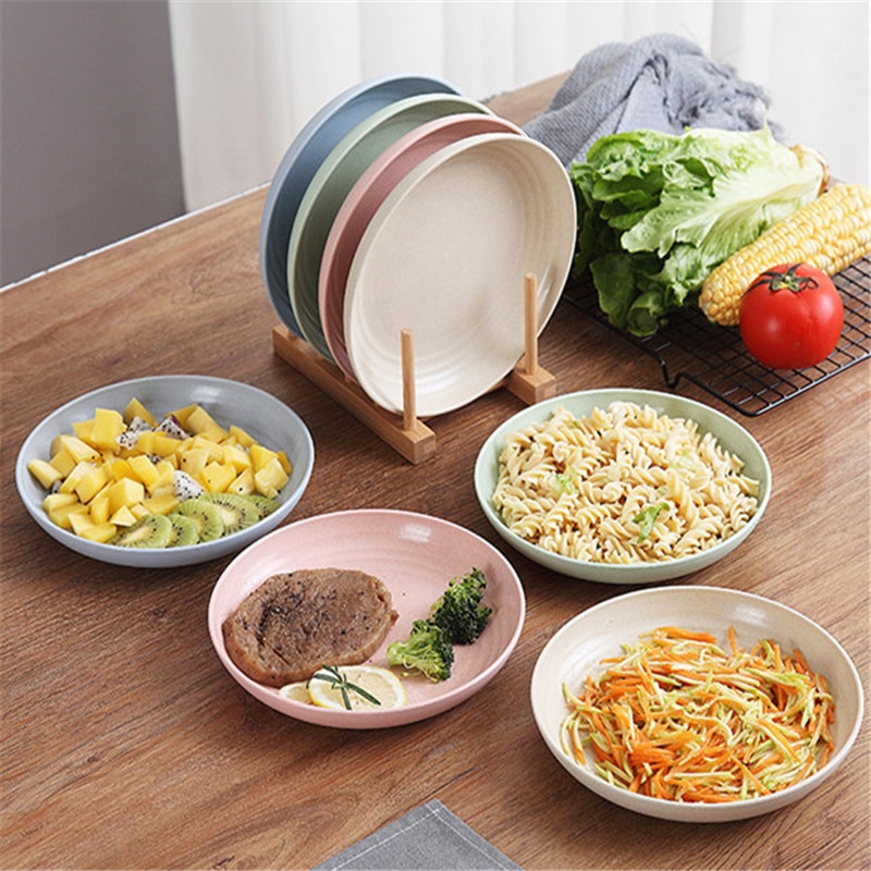 4 Pcs Eco-friendly Food Snack Dish Plate Wheat Straw Lunch Dinner Dessert Fruit Plate Tray Tableware 4 Colors Serving Plates