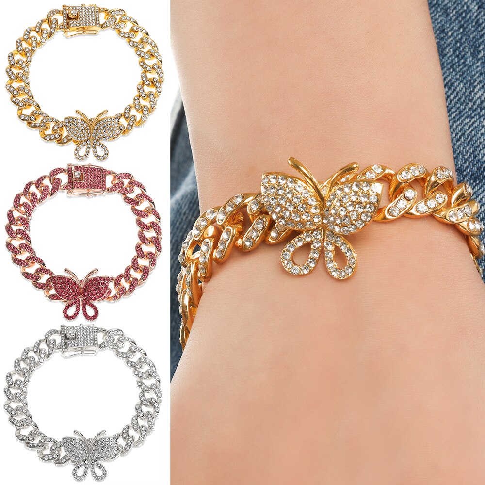 1 Pc Zirkoon Vlinder Enkelband Bling Strass Cubaanse Link Chain Enkelbanden Voor Vrouwen Brede Voet Armbanden Boho Strand Sieraden