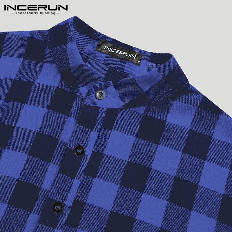 Mannen Slaap Gewaden Plaid Homewear Stand Kraag Lange Mouwen Losse Badjassen Comfortabele Knop Leisure Nachtjapon Mens S-5XL Incerun